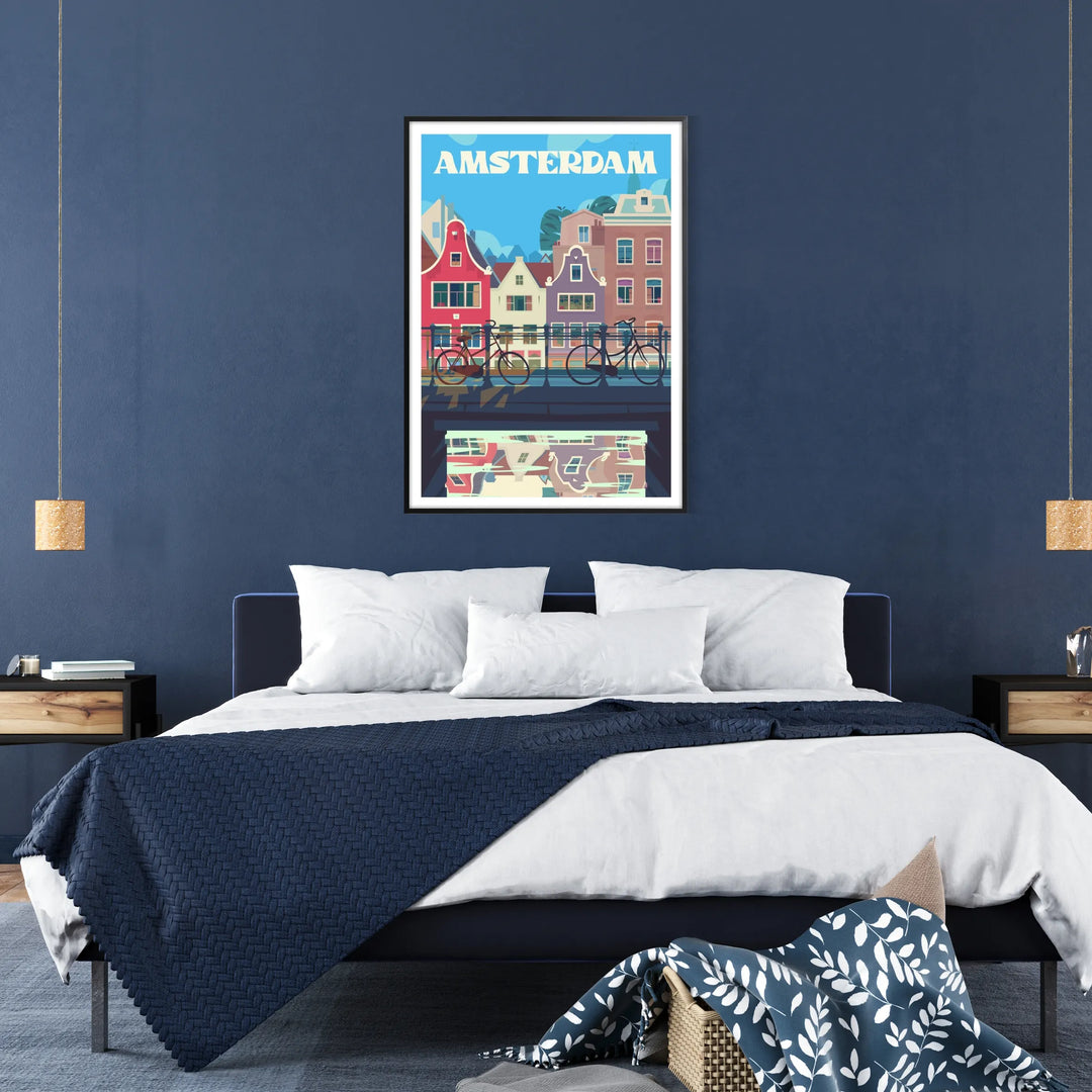 Stylized Amsterdam cityscape poster in gray and blue, modern minimalist print - in a black frame