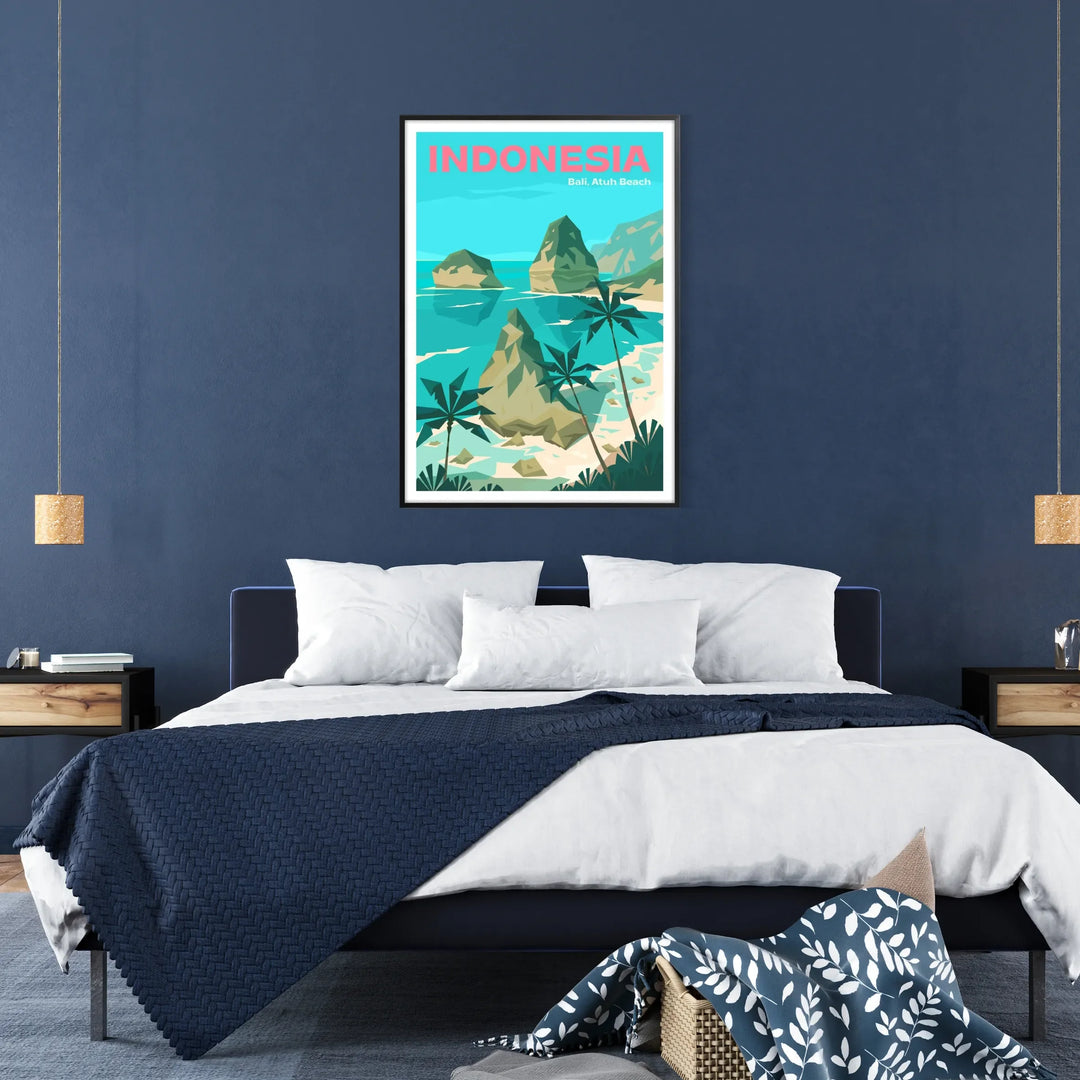 Plakat plaża Bali z minimalistycznymi niebieskimi falami i ciepłym brązowym piaskiem - w czarnej ramie