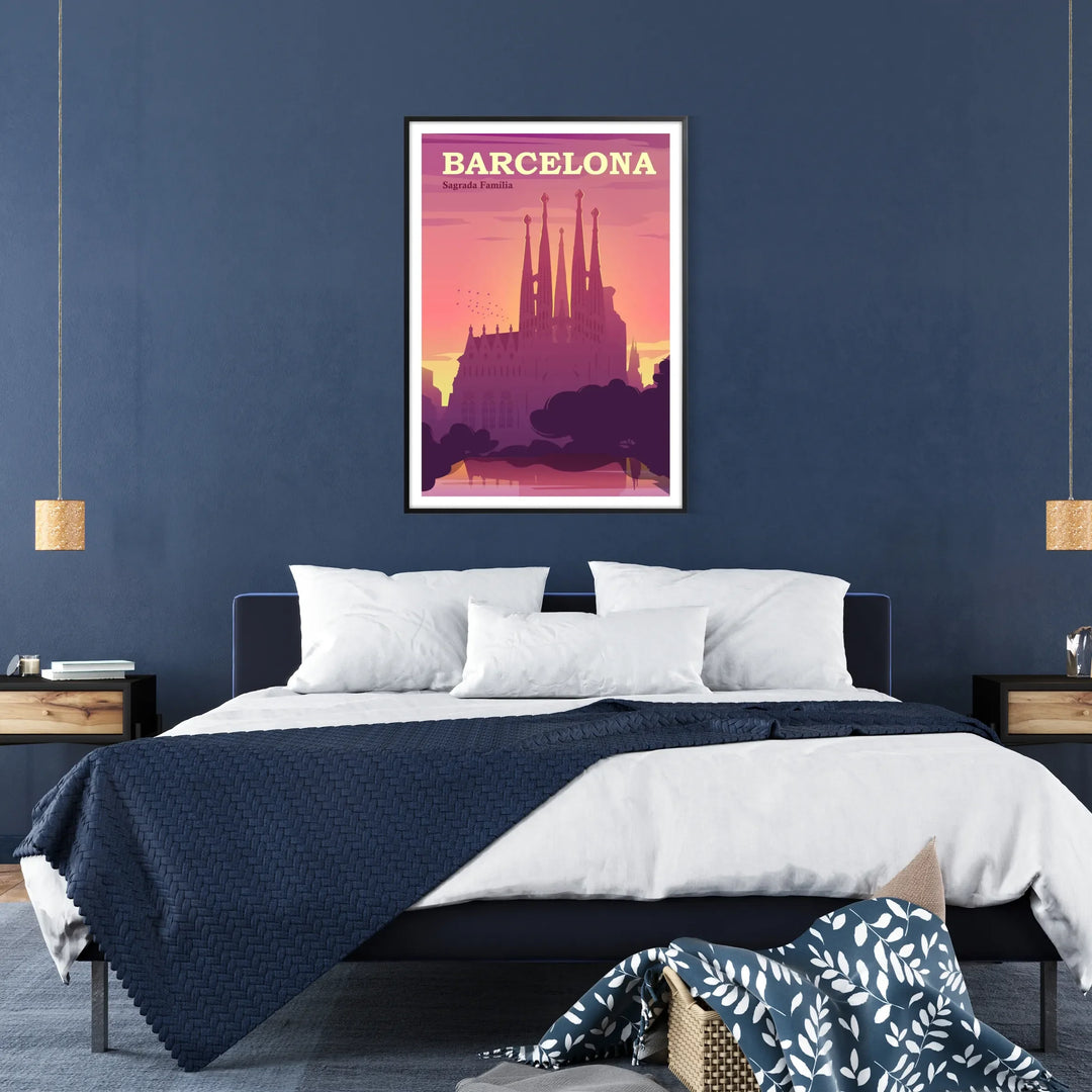 Abstract watercolor depiction of Barcelona's cityscape in red and purple hues - in a black frame