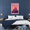 Abstract watercolor depiction of Barcelona's cityscape in red and purple hues - in a black frame