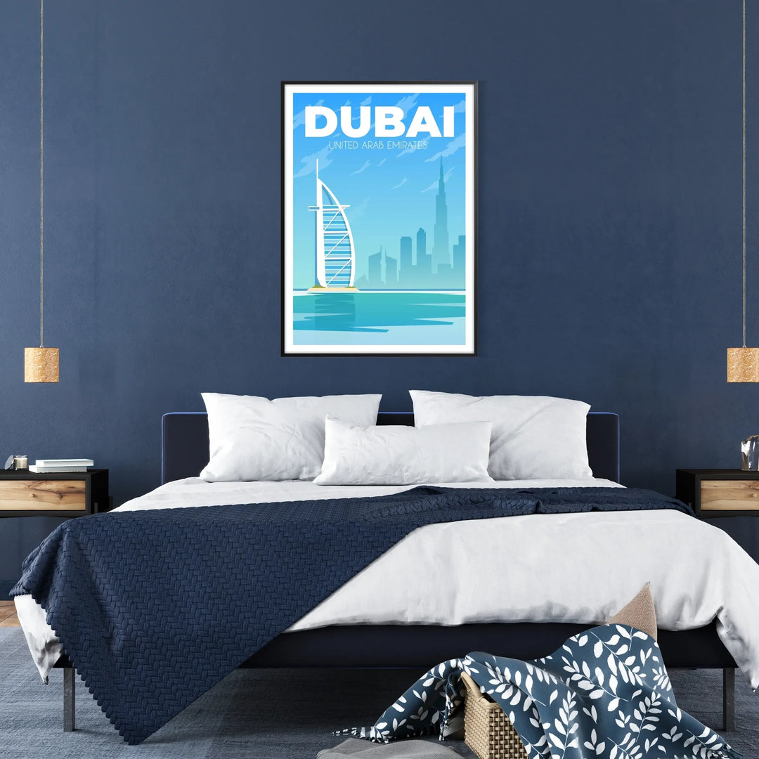 En panoramavy av Dubais skyline vid skymningen, med moderna skyskrapor och en gradient av blått och grått. - i en svart ram