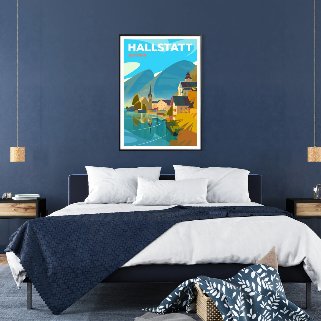 Une représentation sereine de Hallstatt, Autriche avec des teintes vertes et bleues - dans un cadre noir