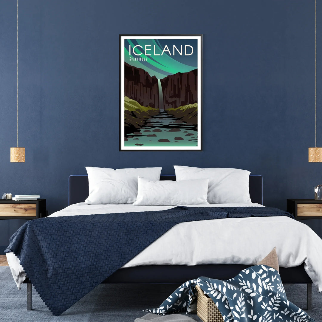 Iceland landscape featuring gray skies and lush green mountains - in a black frame