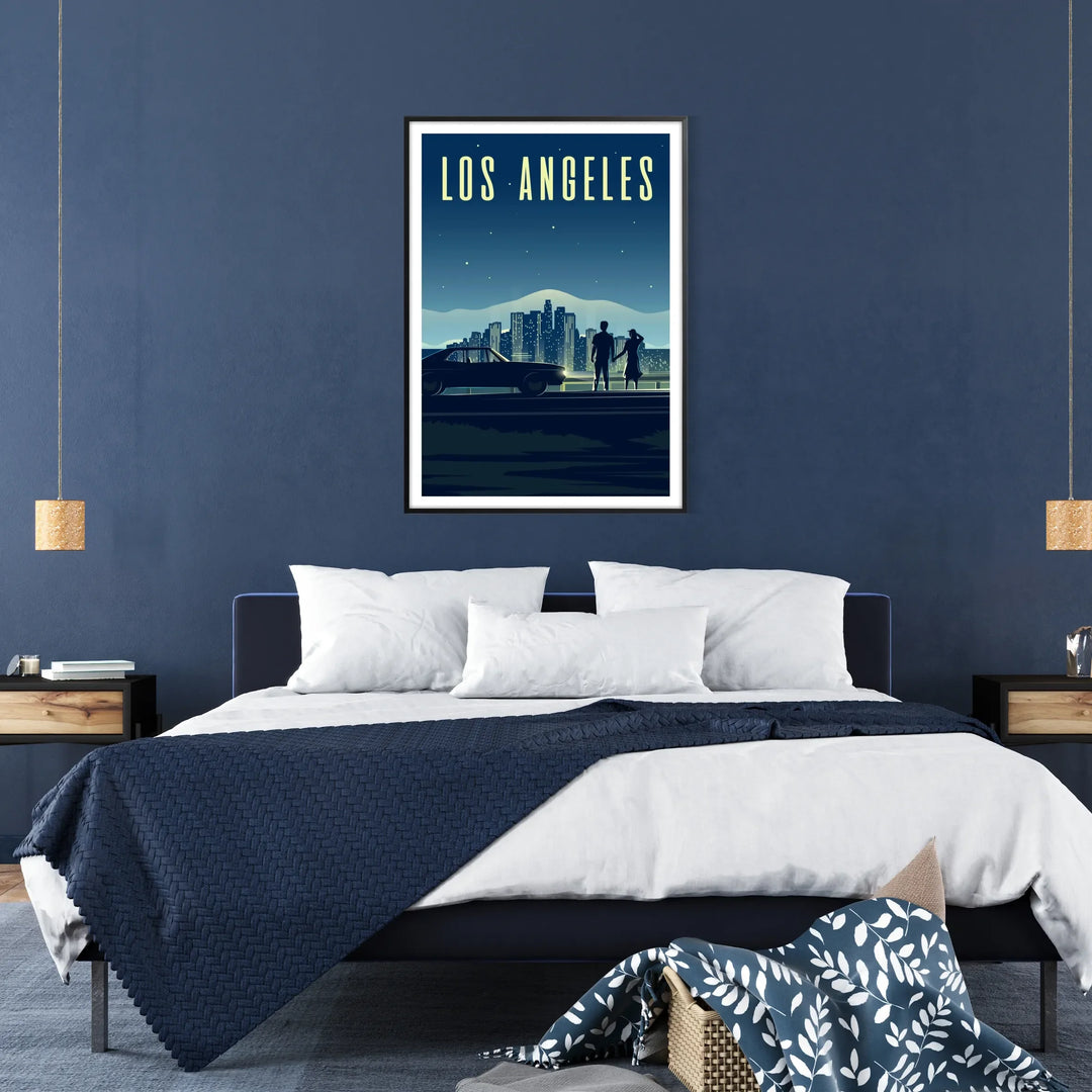 A colorful illustration of the Los Angeles skyline with palm trees - in a black frame