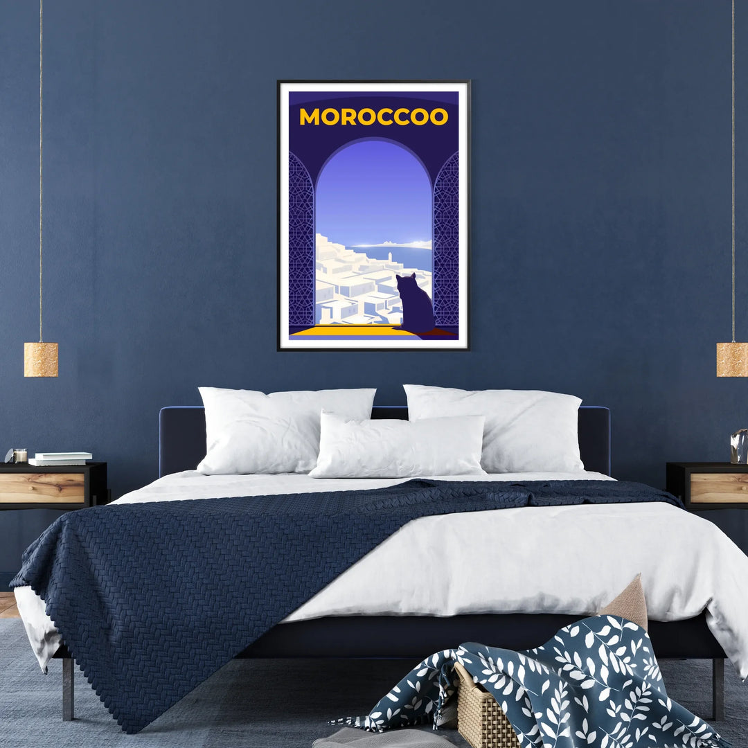 Colorful Moroccan landscape featuring traditional architecture and vibrant blue and orange hues - in a black frame
