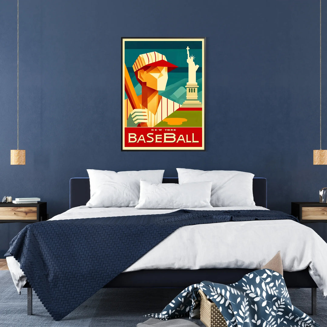 Vintage art deco poster featuring a baseball player in New York - in a black frame
