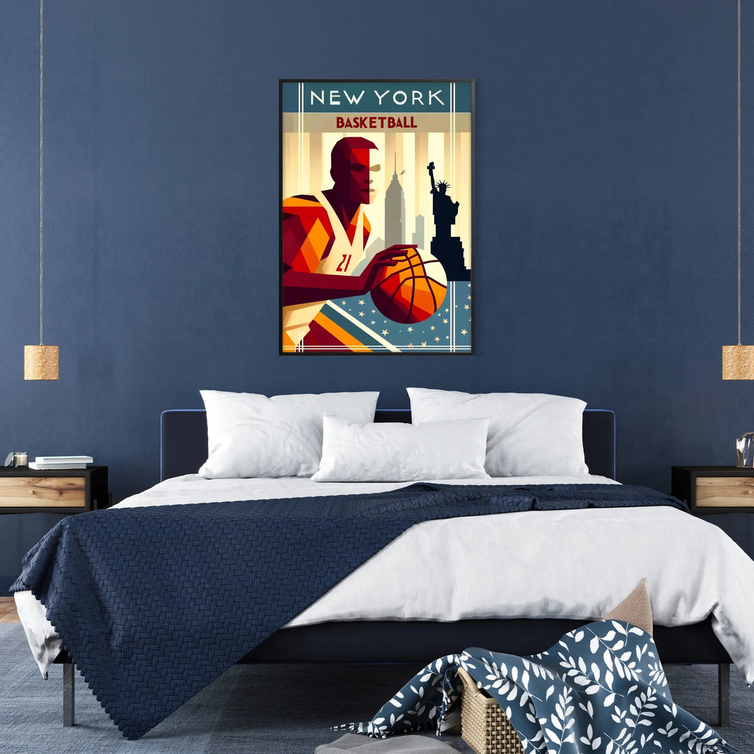 A dynamic basketball scene in New York with players in action - in a black frame