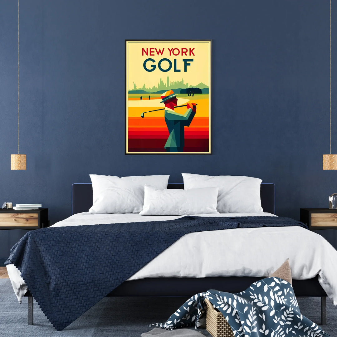 A golf scene featuring iconic New York courses with green fairways and blue skies - in a black frame