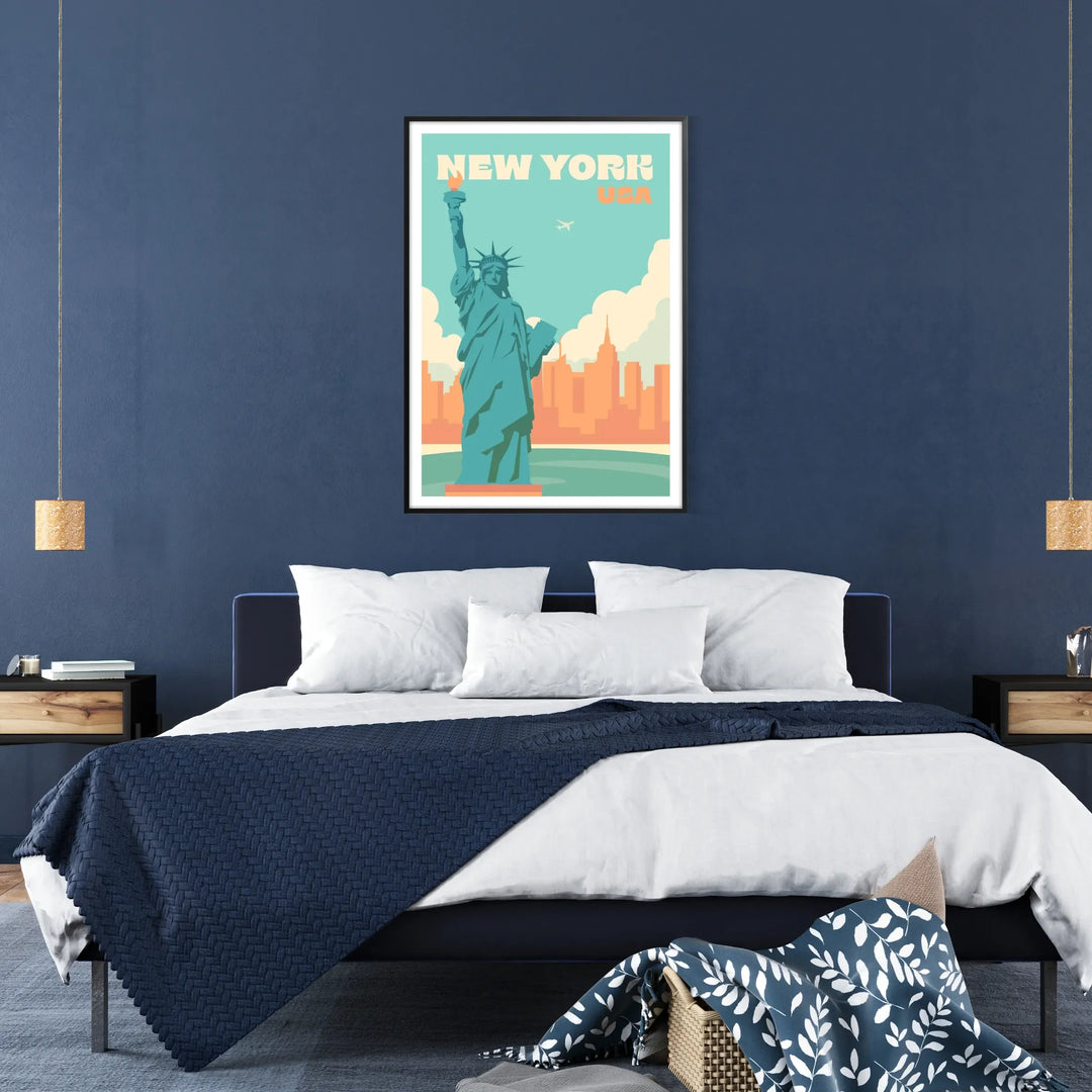 Stylized illustration of New York skyline in gray and green tones - in a black frame