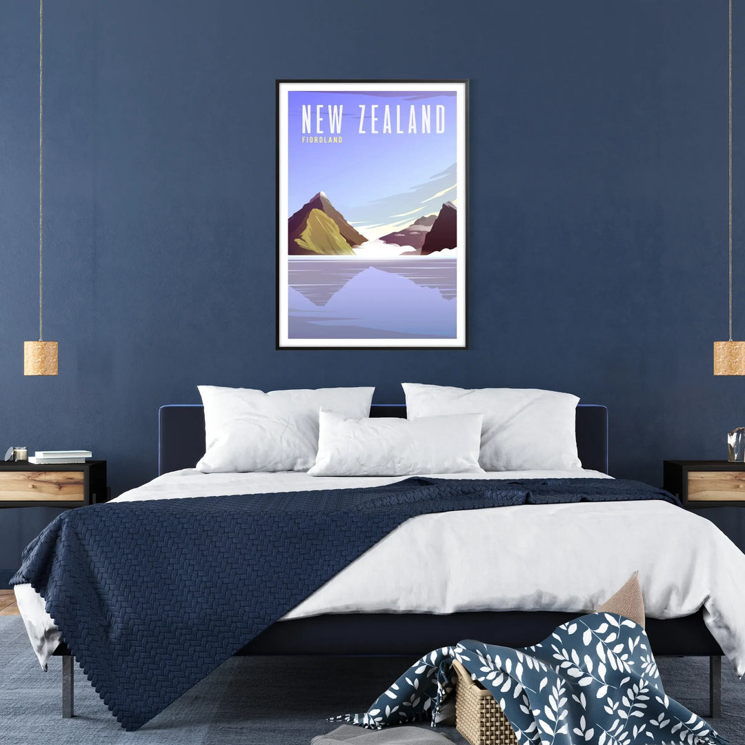 A scenic depiction of New Zealand's landscapes with earthy brown and gray tones - in a black frame