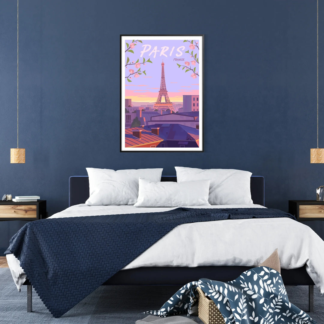 Colorful illustration of Paris with iconic landmarks and city lights - in a black frame