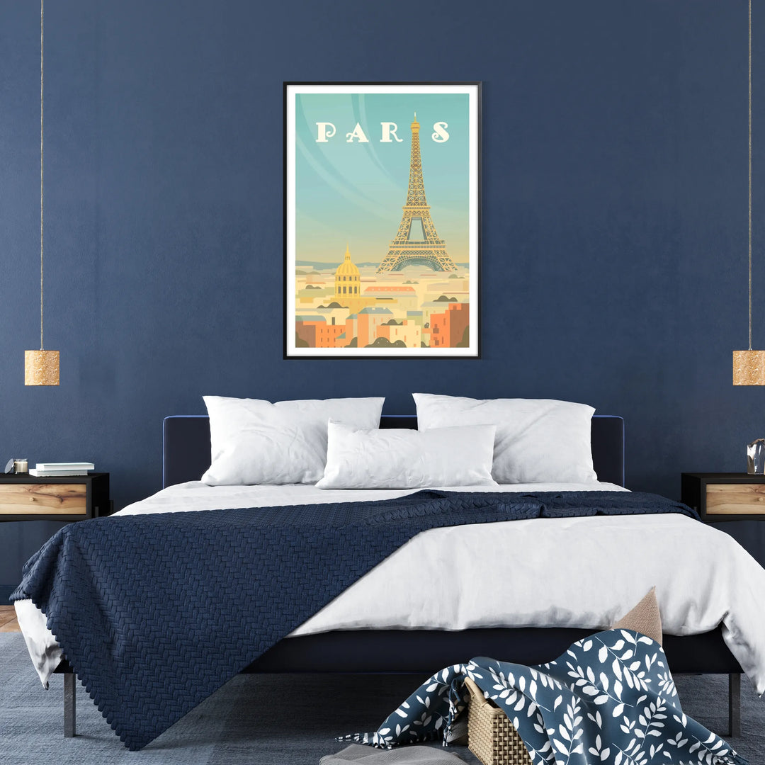 A vintage-style travel poster featuring the Eiffel Tower in muted brown and gray tones - in a black frame