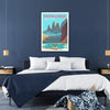 Travel poster depicting Patagonia's rugged landscapes in earthy browns and grays - in a black frame