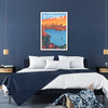 Stylized depiction of Sydney's skyline in shades of gray and blue - in a black frame