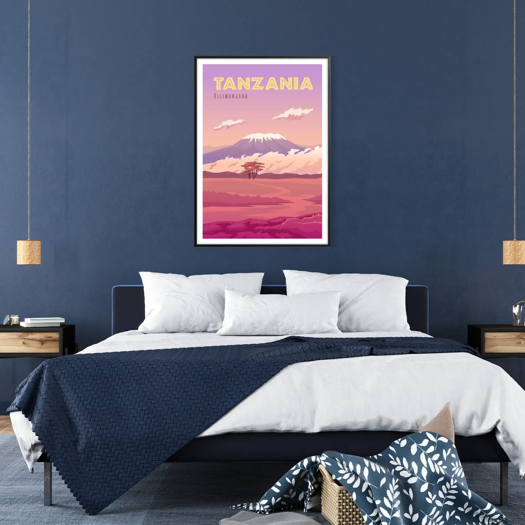 Illustration of Tanzania with rich brown and purple tones - in a black frame
