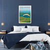 Illustration of the Azores with green hills and blue ocean, vintage travel poster style - in a black frame