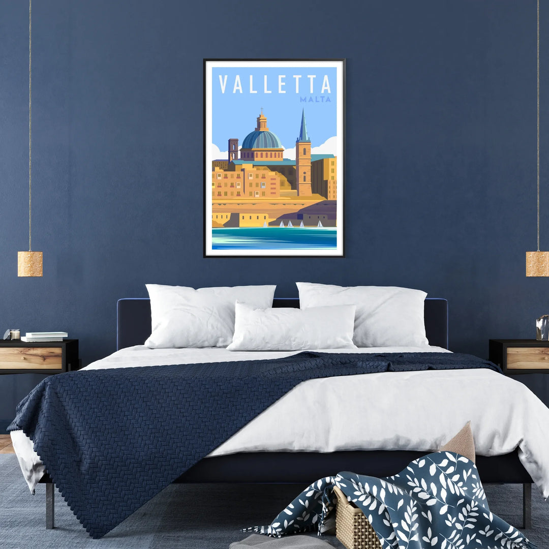 Illustration of Valletta, Malta, featuring green and blue tones in a travel poster style - in a black frame