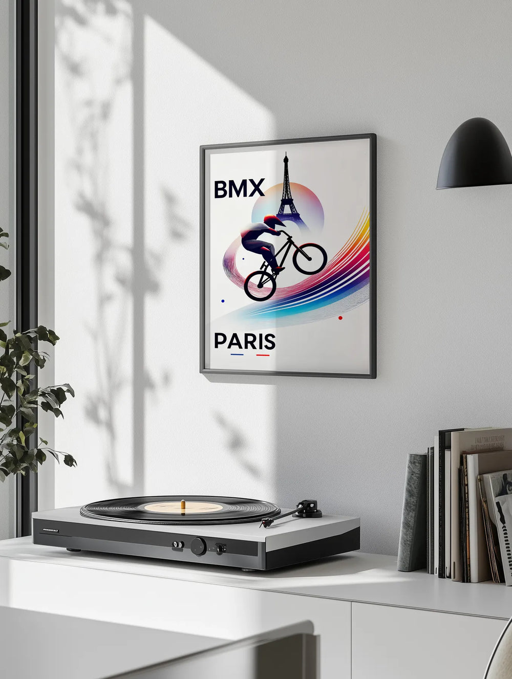 Dynamic BMX rider performing tricks in Paris, graphic style with bold colors