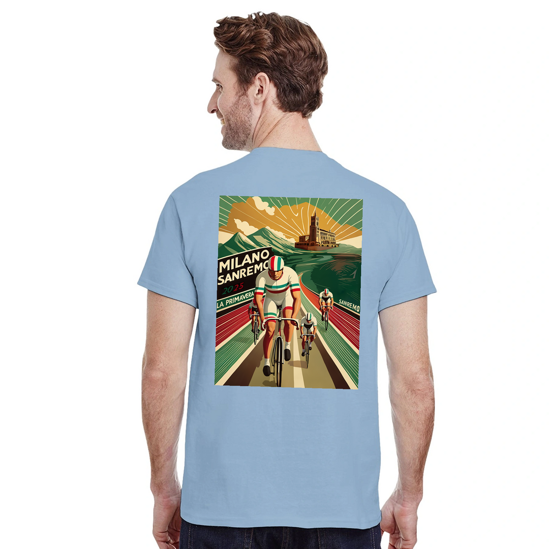 T-shirt featuring a graphic of the Milano–Sanremo cycling race