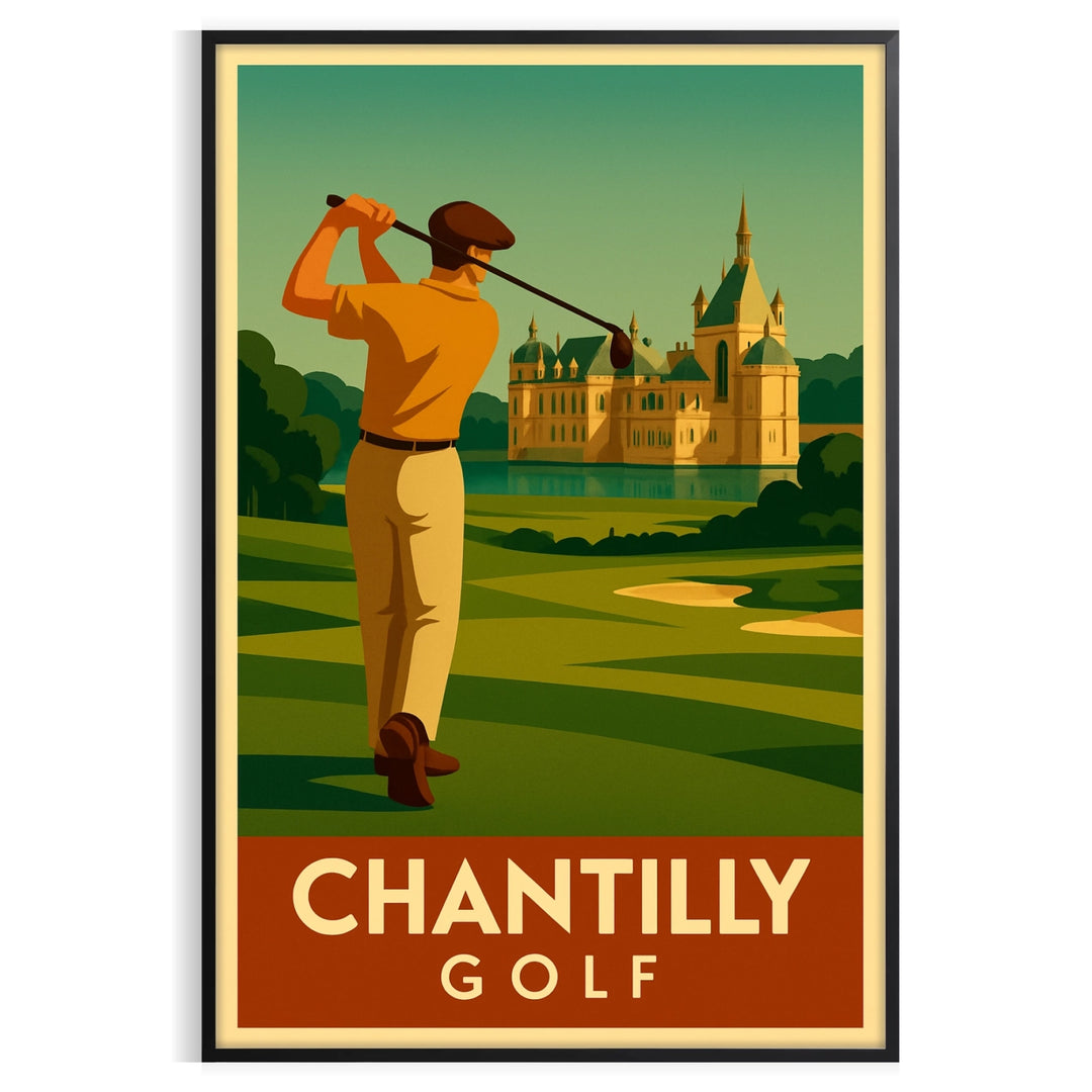 Vintage Chantilly golf poster with green and orange travel-style illustration