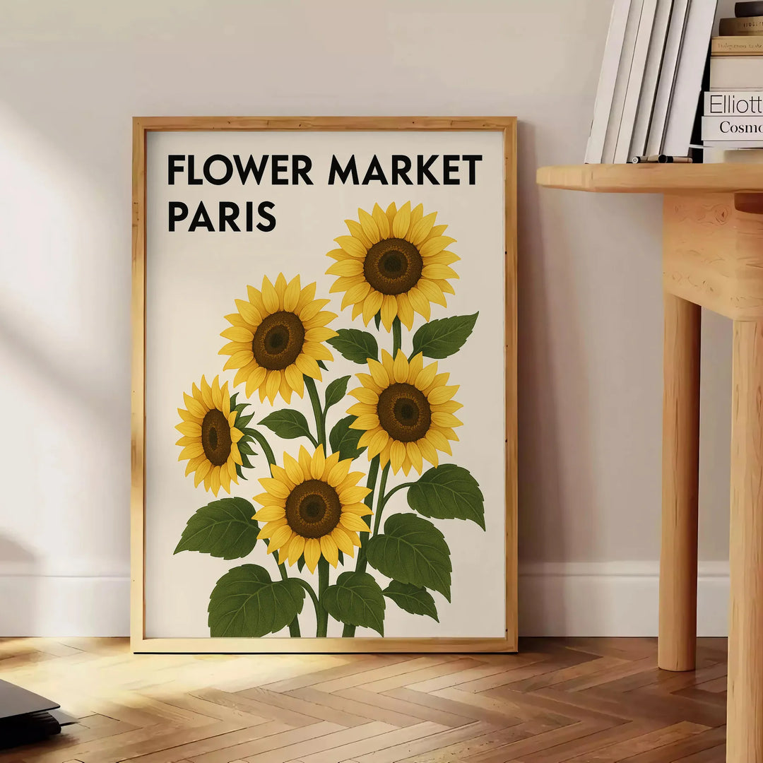 Vintage botanical Paris flower market poster in green and yellow tones