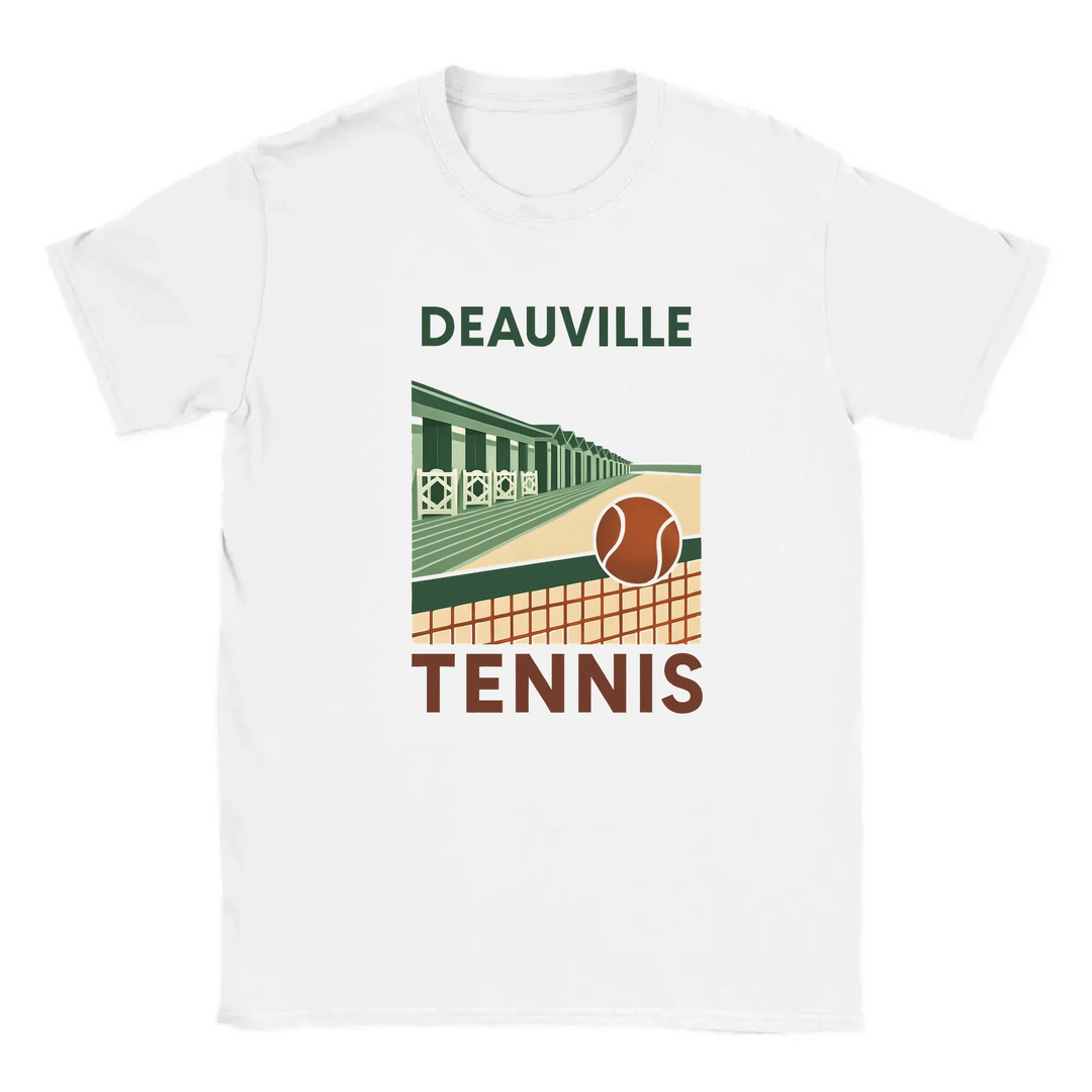 T-shirt featuring a graphic of tennis rackets and balls with Deauville text