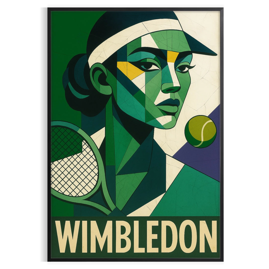 Gray and green Cubist Wimbledon tennis poster showing abstract racket silhouettes