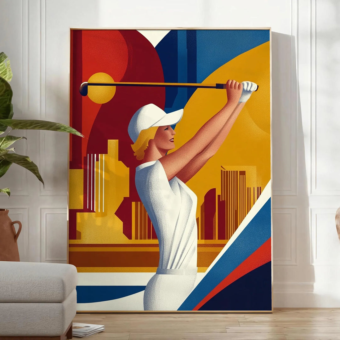 Vintage orange and white poster of a woman playing golf