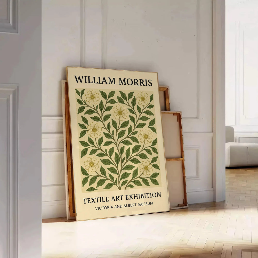 Intricate floral pattern in gray and orange by William Morris