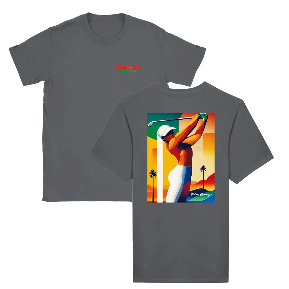 T-shirt featuring a graphic of a golf scene in Palm Springs