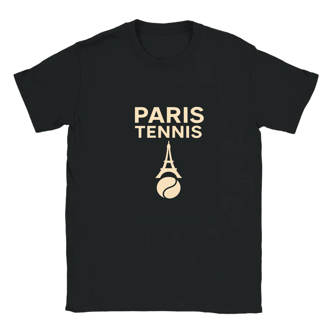 T-shirt featuring a minimalist design of the Eiffel Tower and a tennis racket