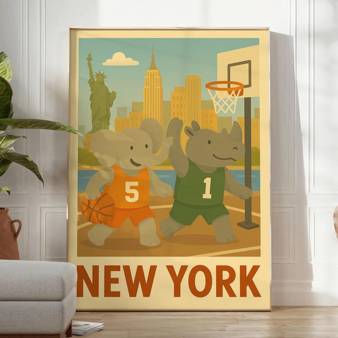 Illustration of an elephant and rhinoceros playing basketball in New York