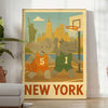 Illustration of an elephant and rhinoceros playing basketball in New York