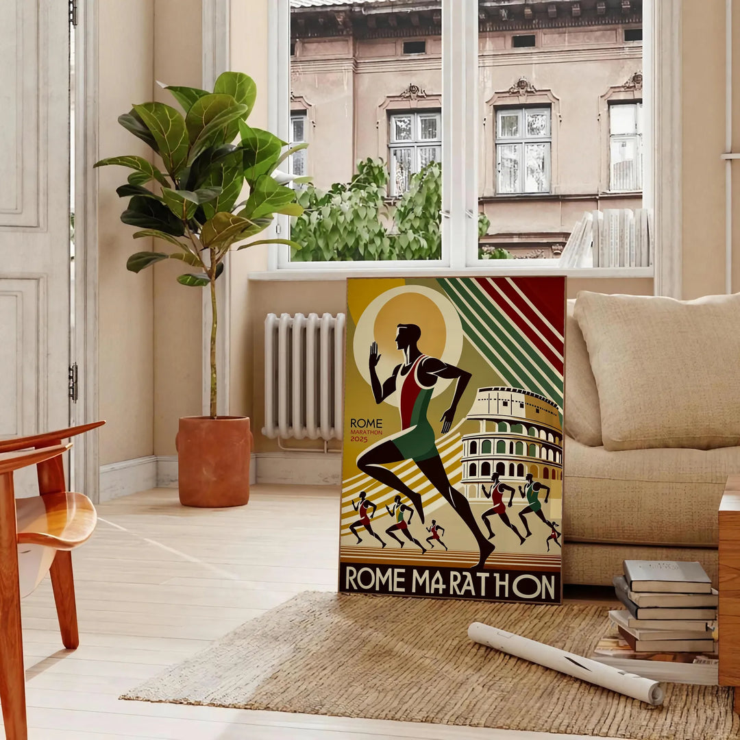 Grünes und schwarzes Rom Marathon Poster mit stilisiertem Läufer und Skyline