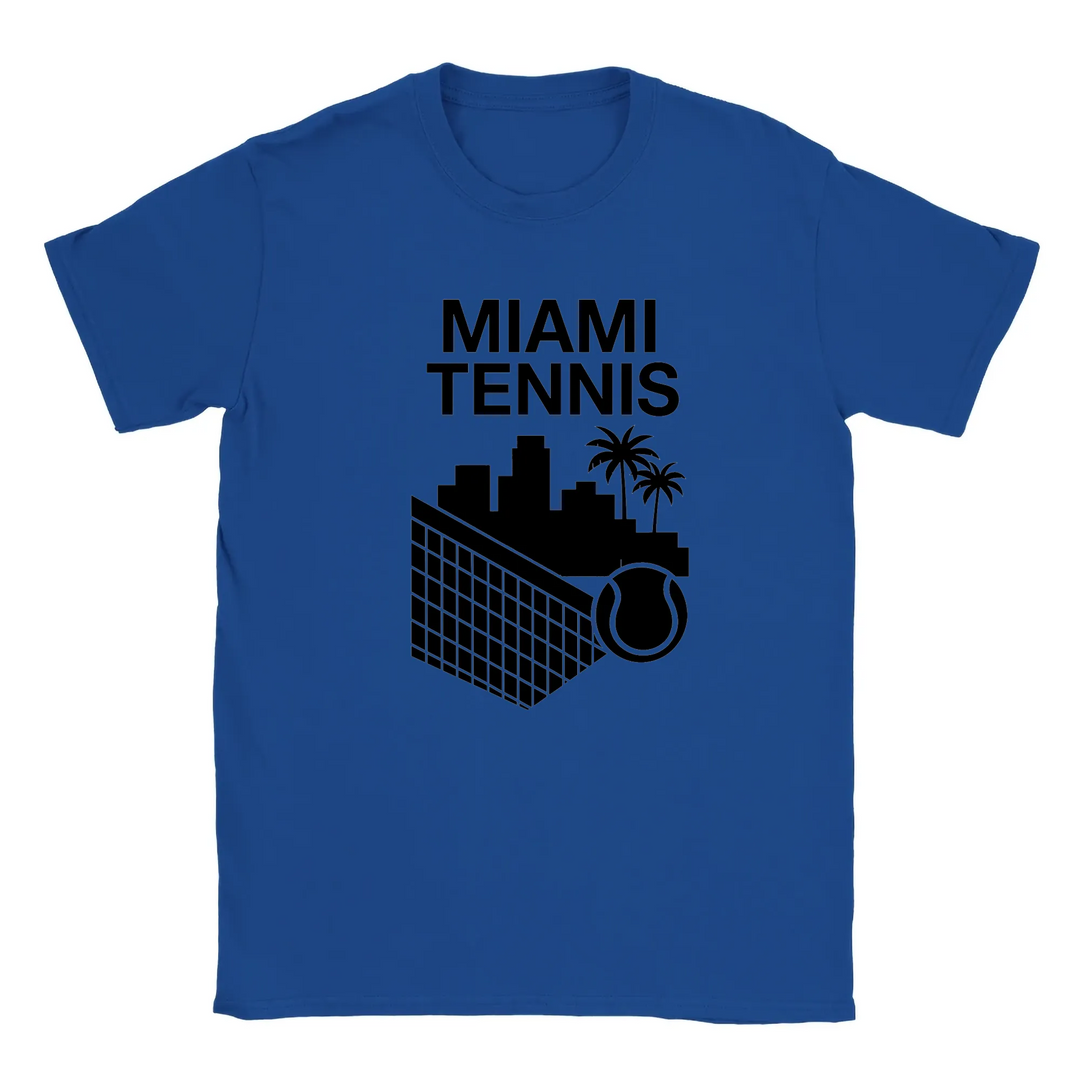 T-shirt featuring a graphic of a tennis player in action against a Miami skyline