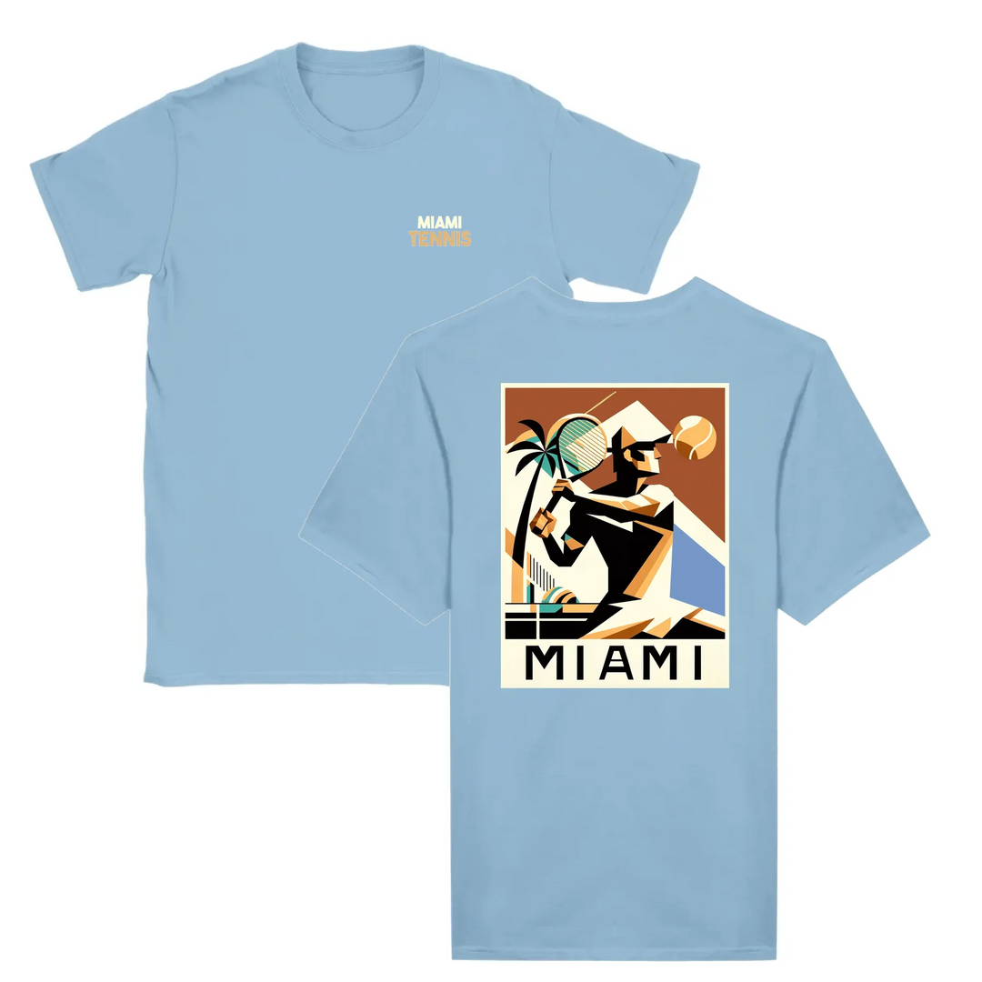 T-shirt featuring a graphic of a tennis player in action against a Miami skyline