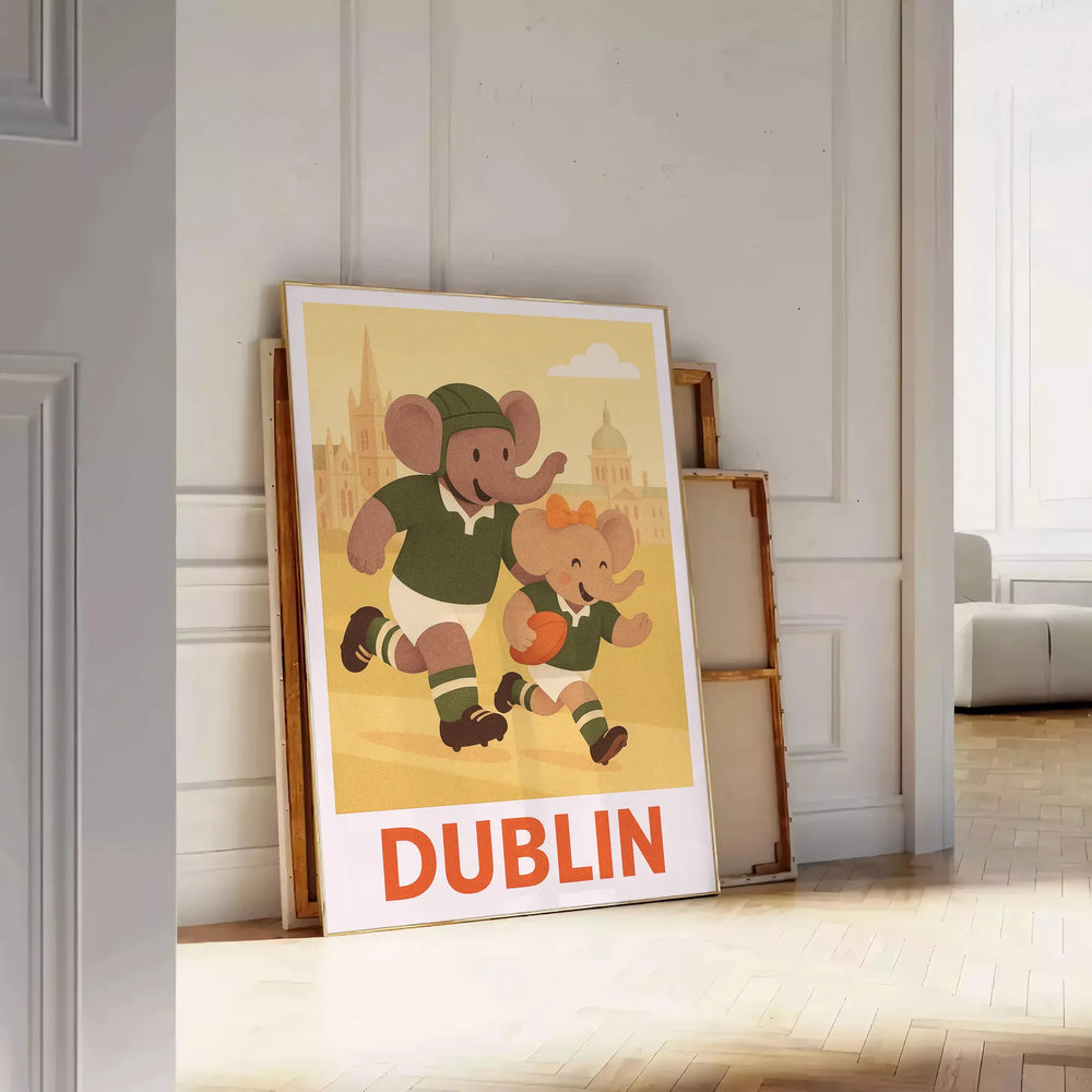 Art Deco illustration of an elephant playing rugby in Dublin
