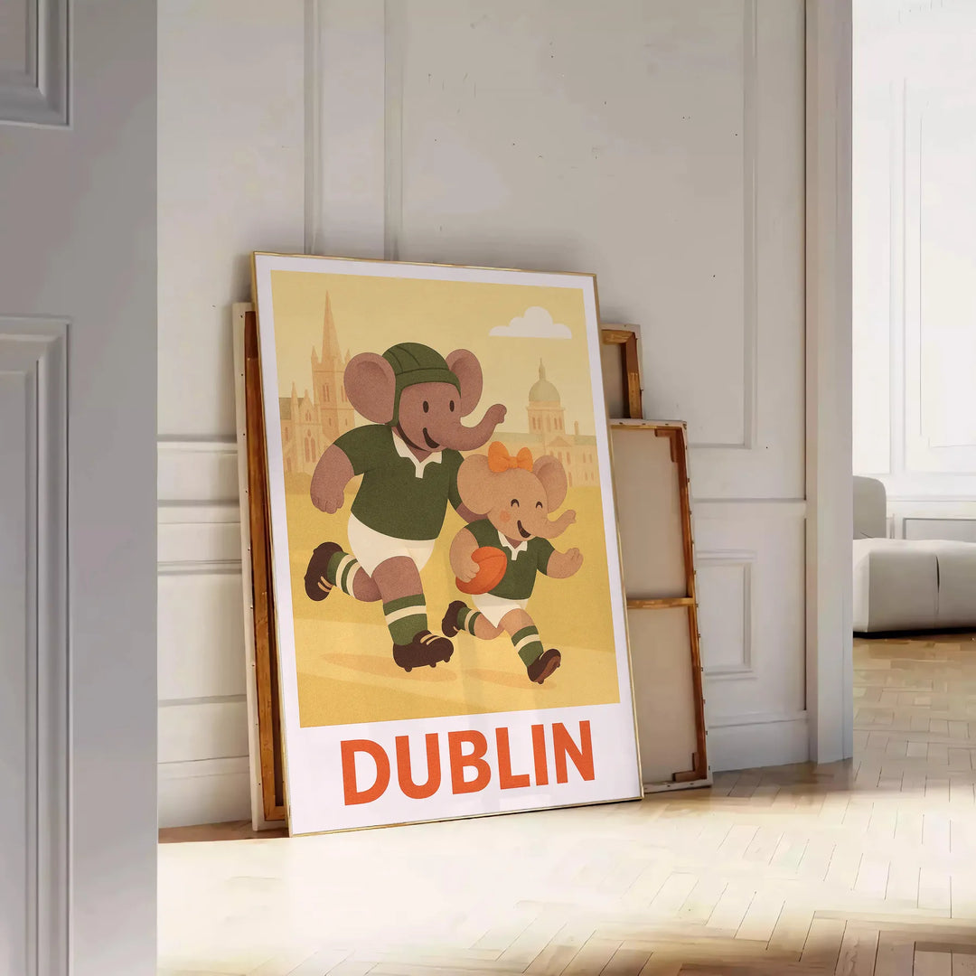 Art Deco illustration of an elephant playing rugby in Dublin