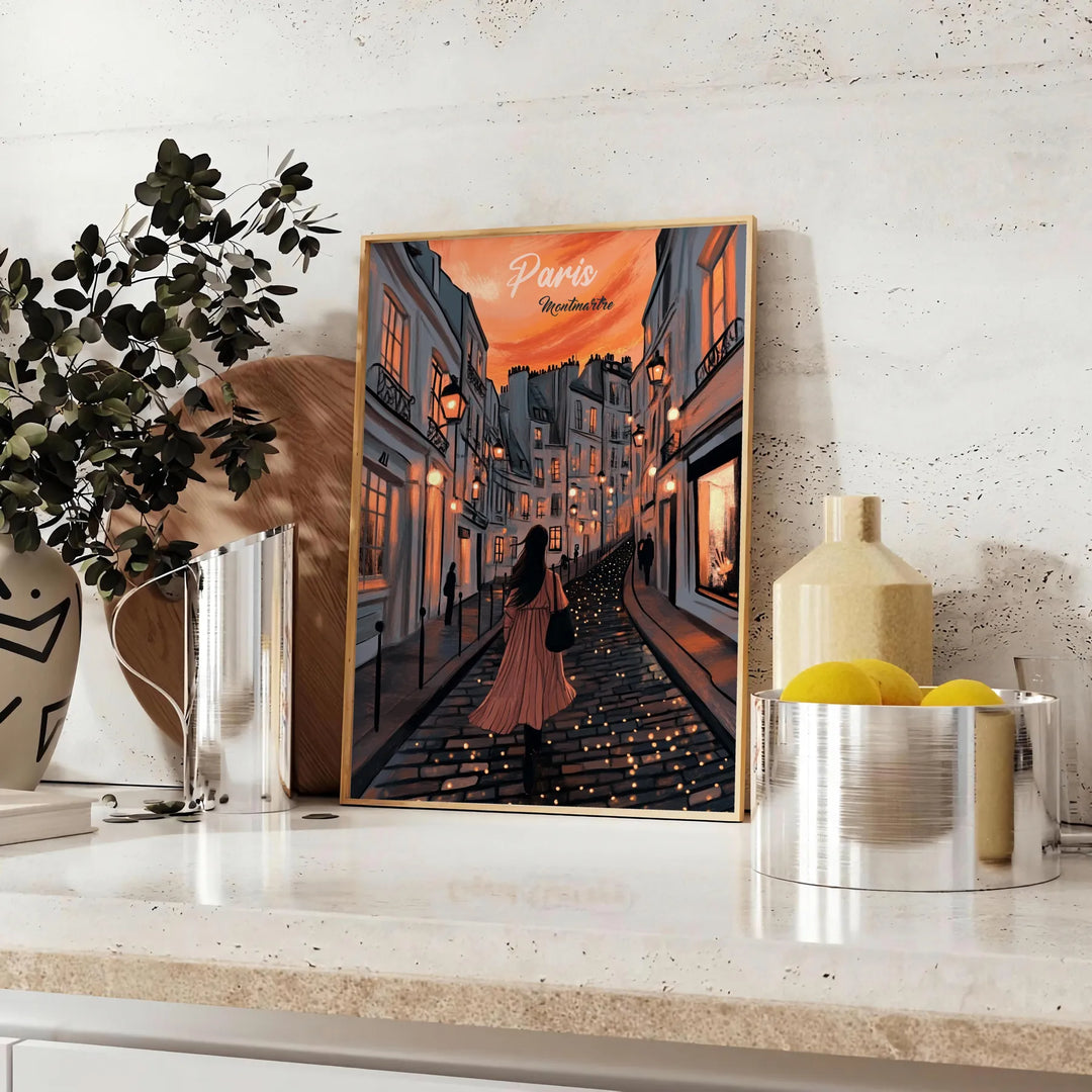 Montmartre Paris illustrated art poster in green and orange, vintage style