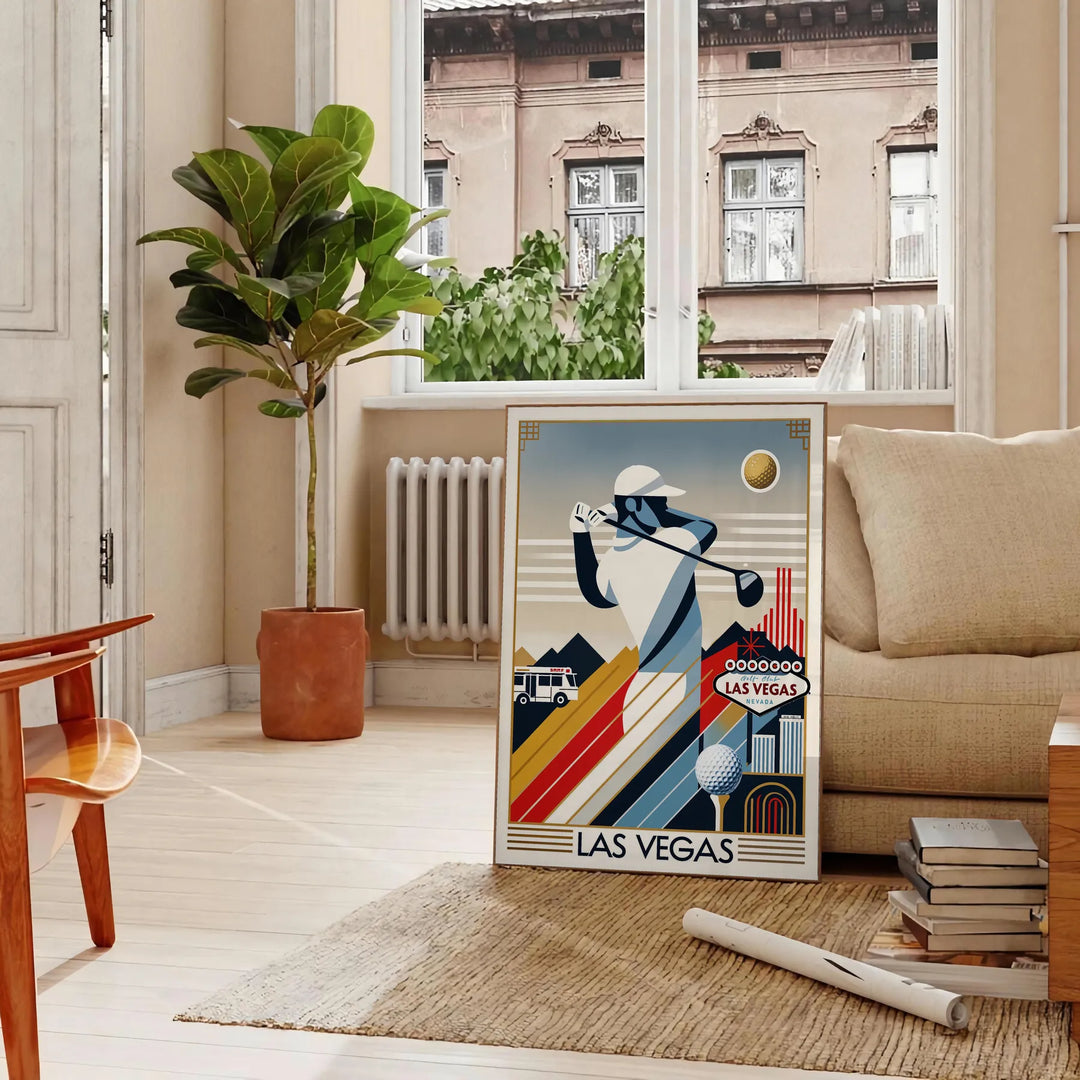Vintage Art Deco poster depicting a golf scene in Las Vegas with black and orange tones