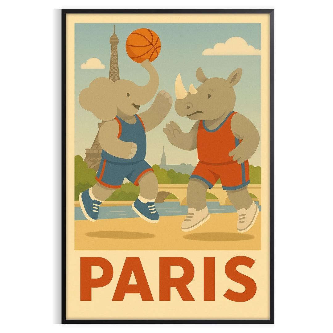 Colorful illustration of elephants and a rhinoceros playing basketball in Paris