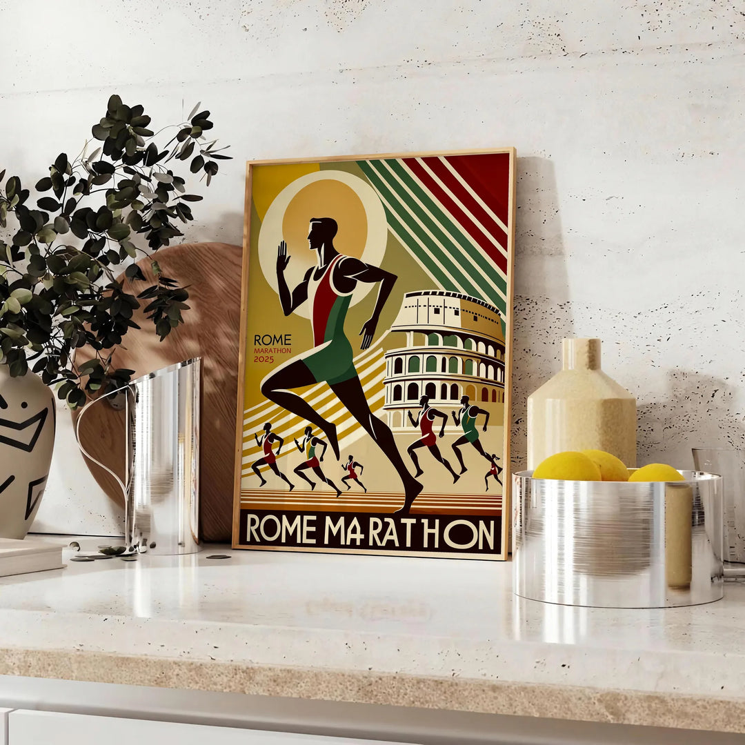 Grünes und schwarzes Rom Marathon Poster mit stilisiertem Läufer und Skyline