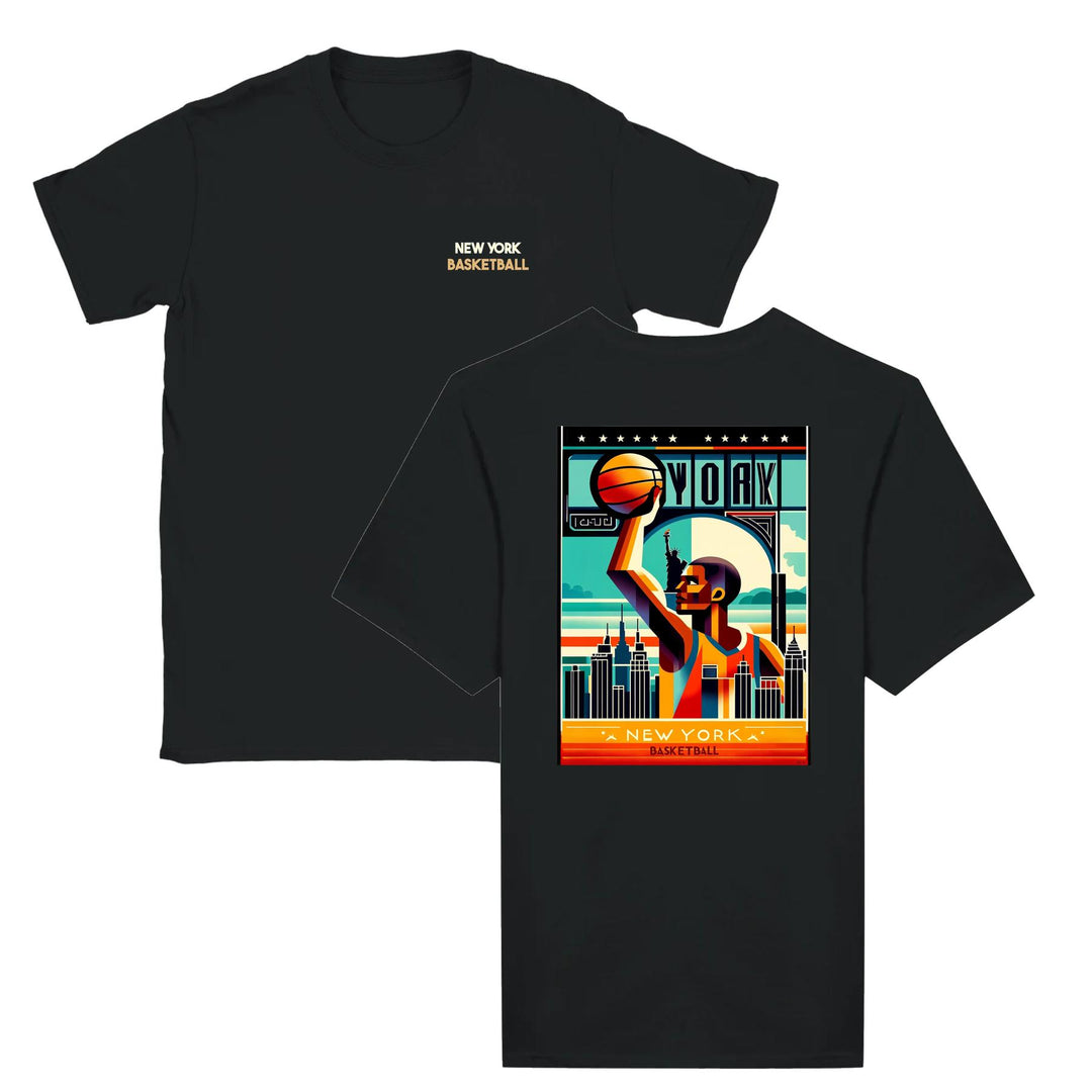 T-shirt featuring a graphic of a basketball and New York skyline