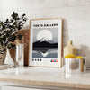 Red and orange Mount Fuji art poster, stylized Japanese landscape print
