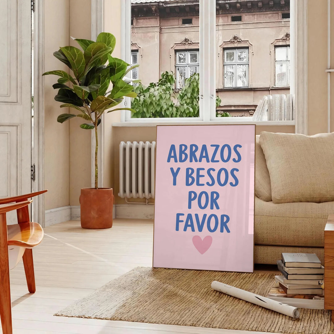 White and gray minimalist poster reading 'Abrazos y Besos Por Favor'