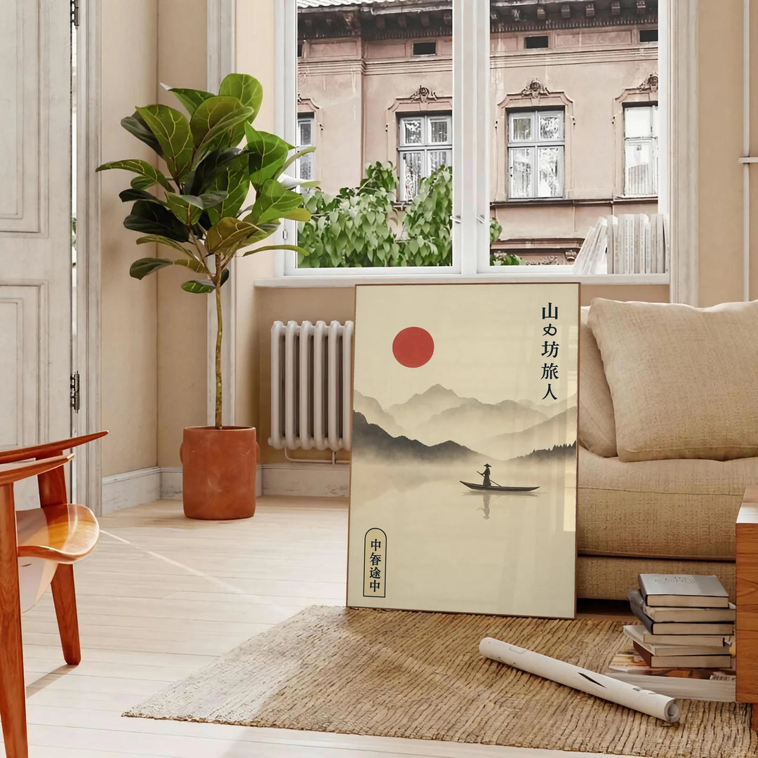 Minimalist artwork featuring a Japanese sun above a mountain and a boat in gray and orange