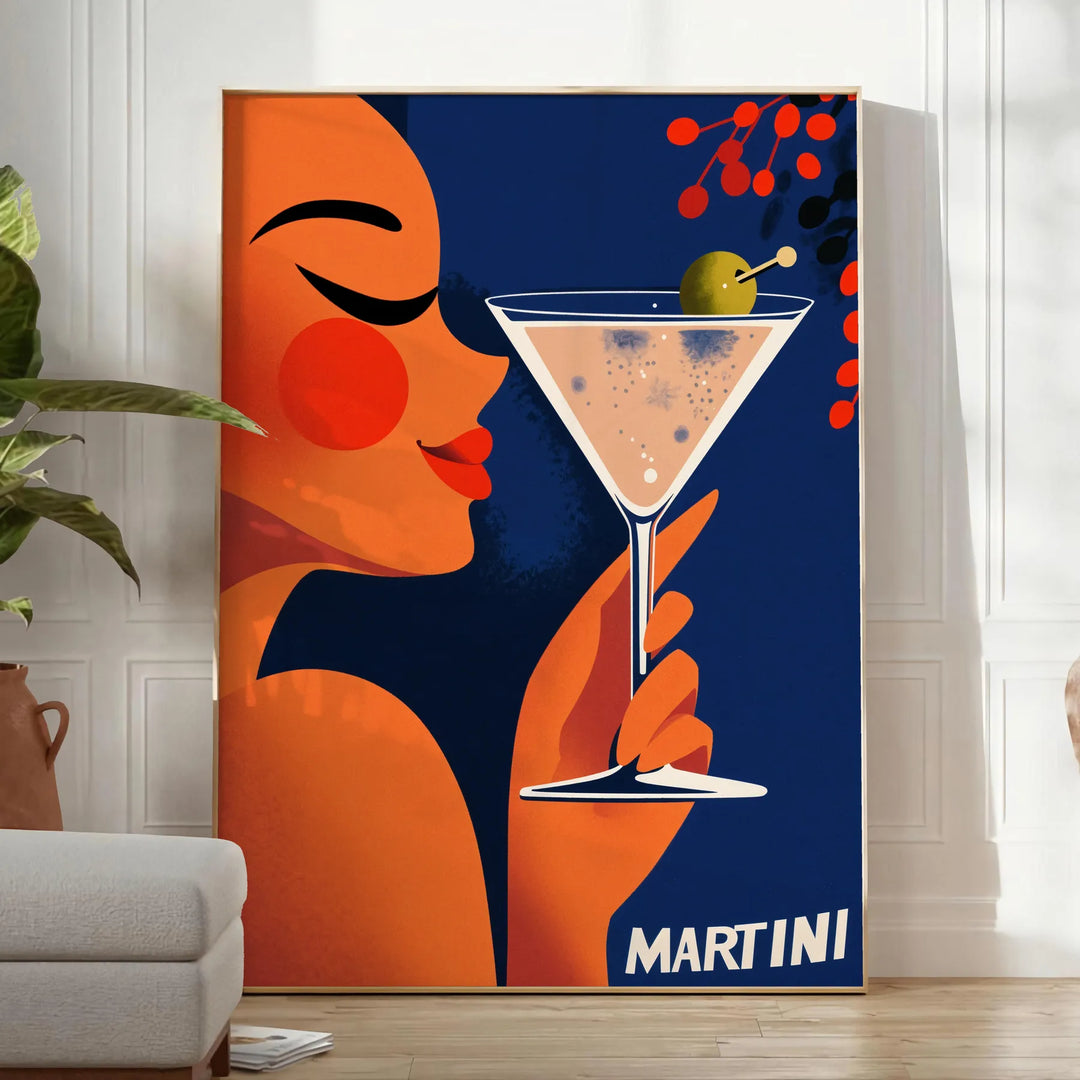 Stylized illustration of a woman holding a martini in orange and green tones