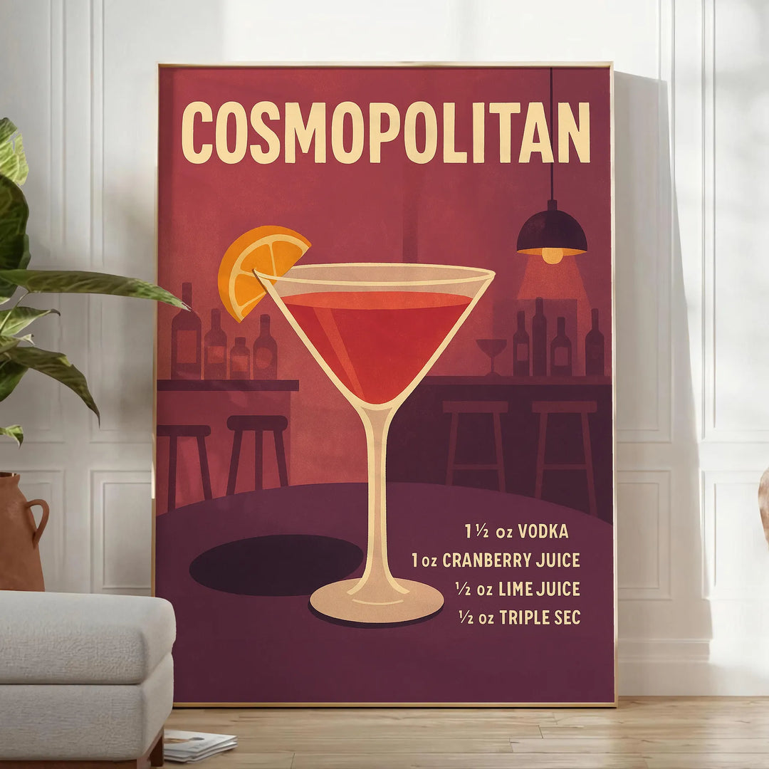 Stylized Cosmopolitan cocktail glass with orange and brown hues