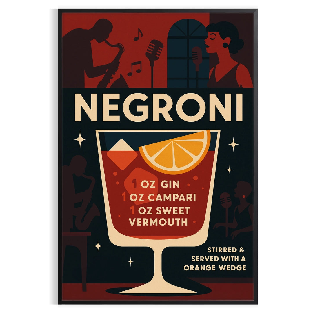 Poster of a minimalist Negroni cocktail illustration in black and gray.