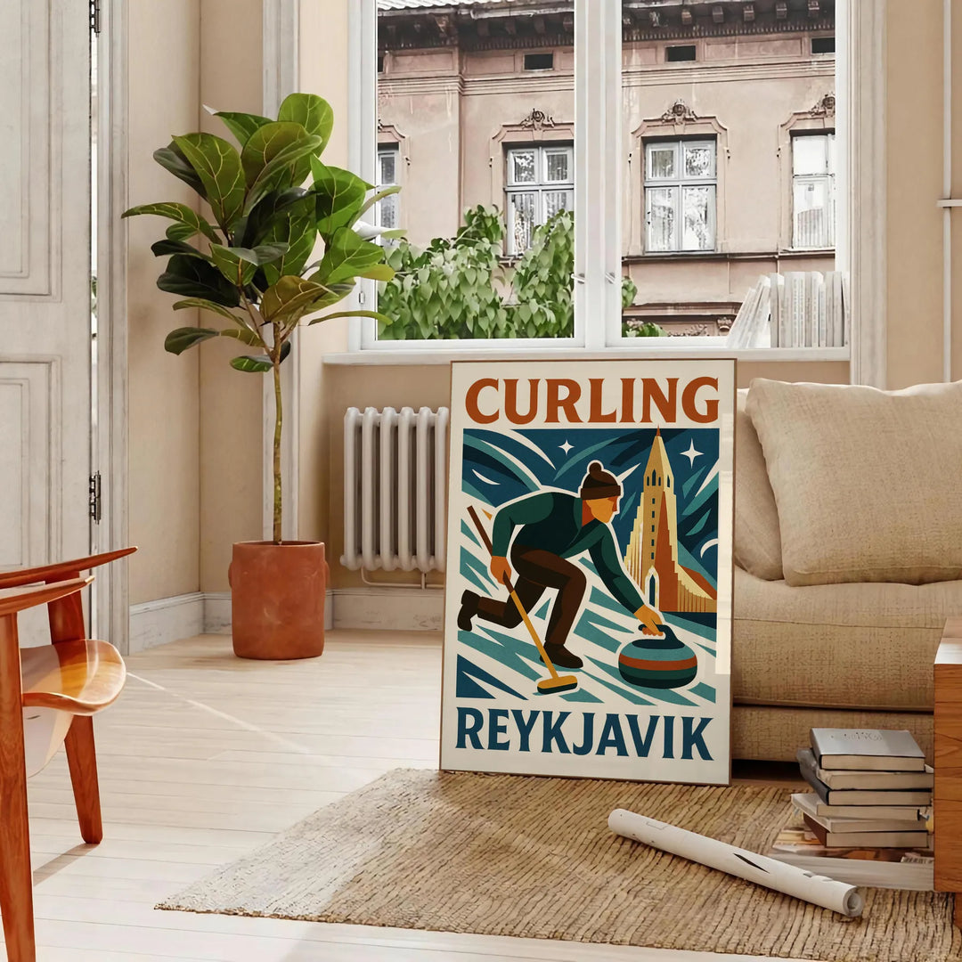 Affiche graphique de curling à Reykjavik en orange et vert minimaliste